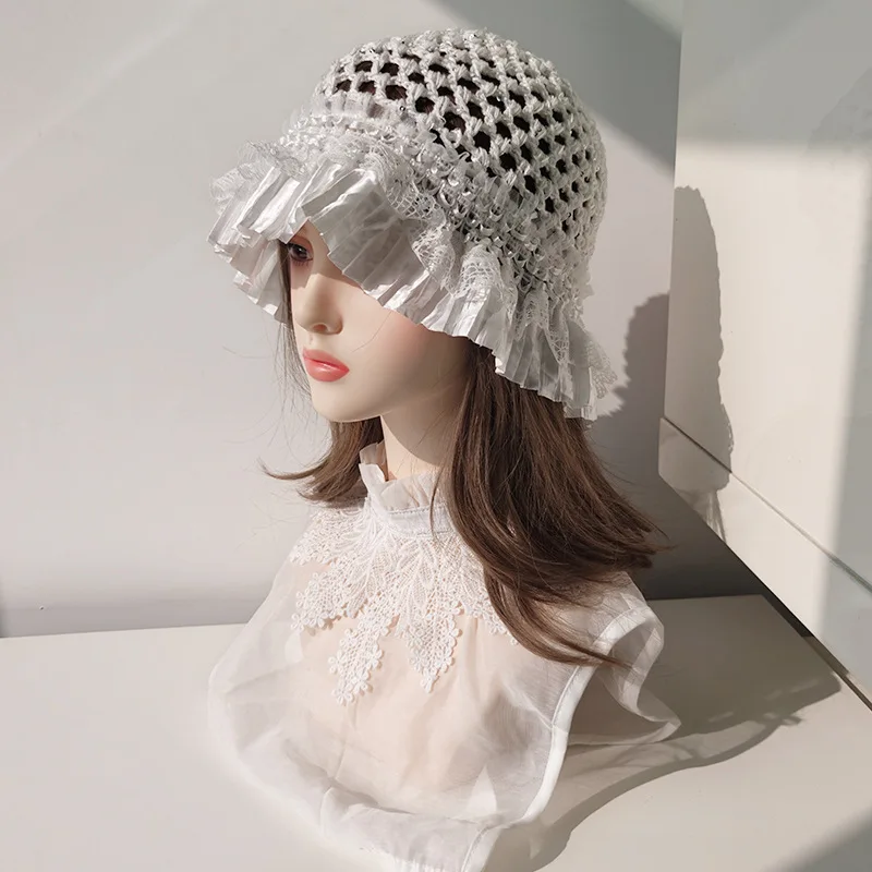 Fashion Handcrafted Crystal Fringed Open Weave Breathable Sunshade Knitted Fisherman Hat Sweet Lady Floral Wedding Hat