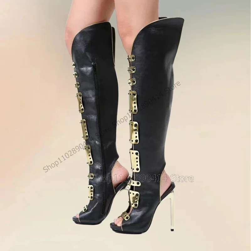 Metal Decor Black Hollow Cut Heel Peep Toe Boots Back Strap Women Shoes Fashion Party Banquet Runway 2023 Zapatos Para Mujere