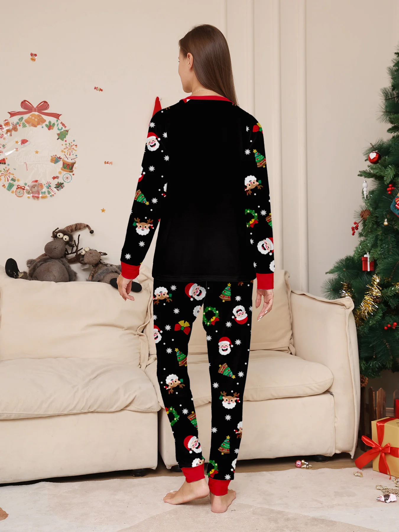 Family Christmas Pajamas Matching Parent-child Sleepwear Black Long Sleeve Santa Candy Cane Print Xmas Gift Men Women Kids