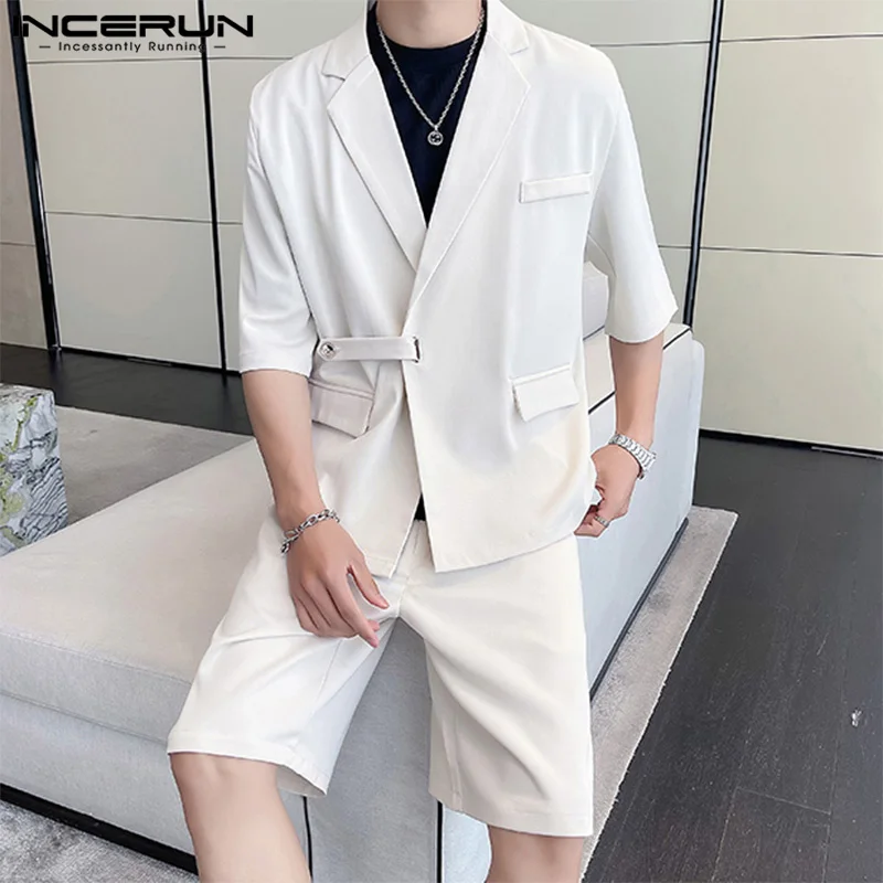 INCERUN Summer Men Clothing 2024 Men\'s Sets Fashion Party Casual Tops 2PCS Suits Solid Color Suit Oversized Half Sleeve Shorts