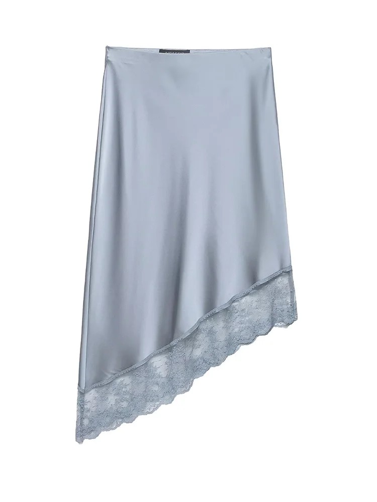 

Женская новая модная юбка миди с эластичным поясом, асимметричным кружевным подолом из шелкового атласа, однотонная, весенняя, для создания элегантного образа