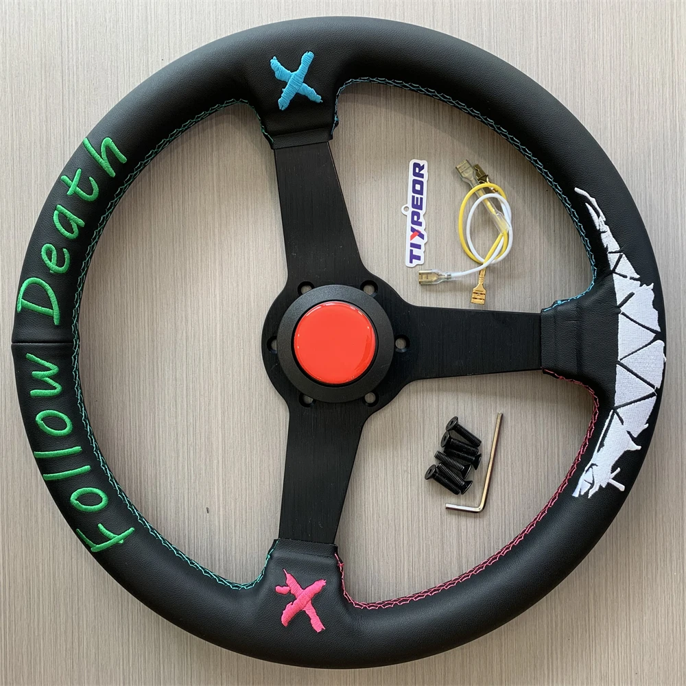345 مللي متر نمط مخصص عجلة القيادة الرياضية الملونة خياطة التطريز سباق عجلة القيادة مع جلد ستوكات