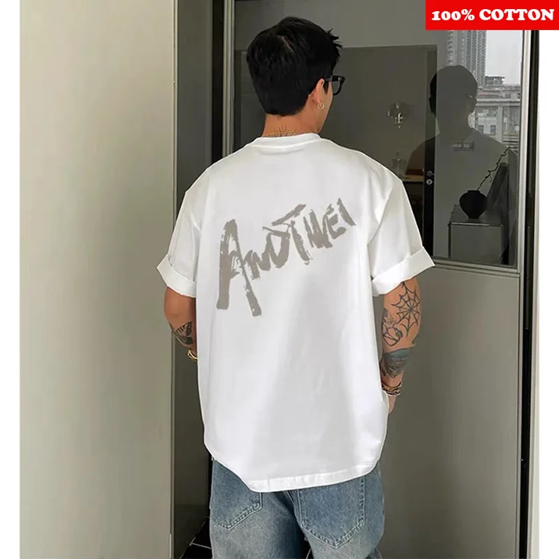 High quality Overfit Short Sleeve T-shirt Men Summer 2025 New 100% Cotton Letter Print Loose Tee Street Gym Sport Men clothing