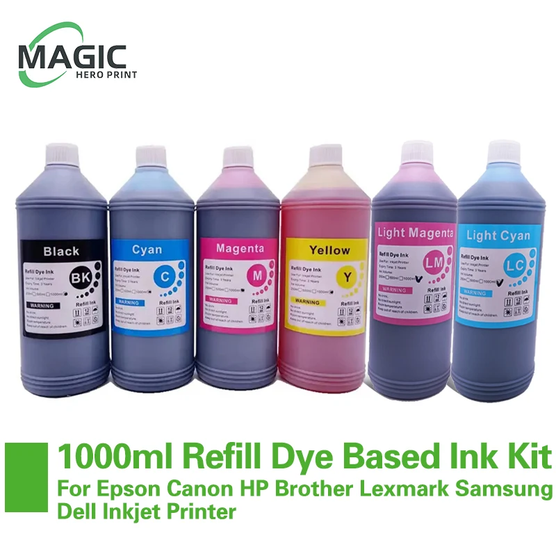 1000ML 1KG Liter Black C M Y Refill Dye Based Ink Kit Replacement For Epson Canon HP Brother Lexmark Samsung Dell Inkjet Printer