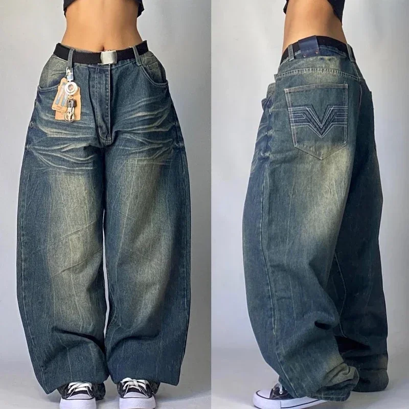 Y2K Harajuku Street Wear Oversized Printed Loose Jeans Hip-Hop Retro Pop Ear Goth High-Waisted Jodhpurs Wide-leg Pants Trousers