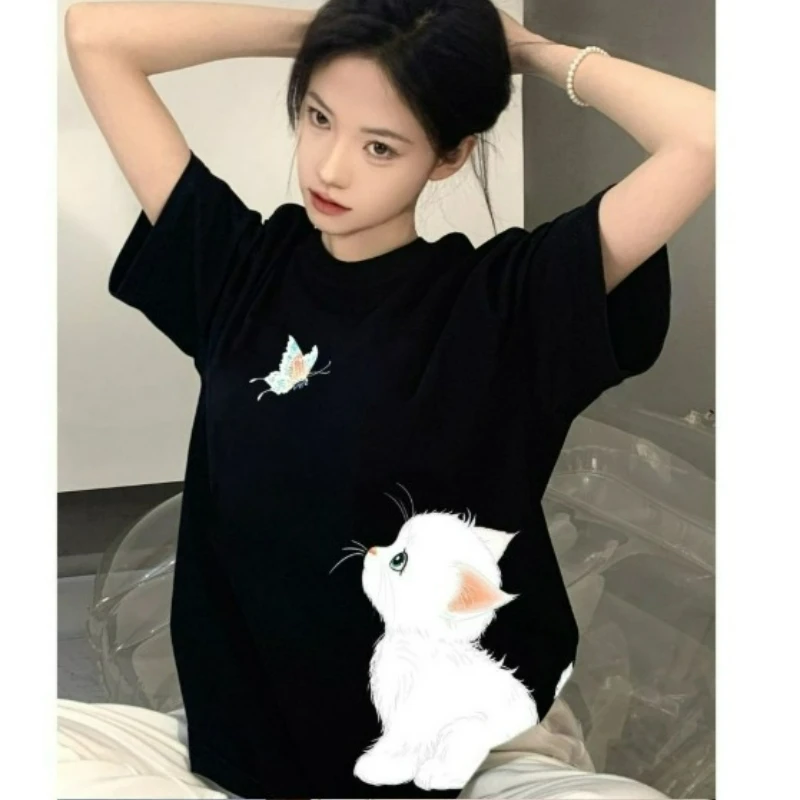 

Pure Cotton Black Short-sleeved Women's T-shirt 2026 Summer New Fashion Bestseller Unique Design Sense Niche Printed Loose Top