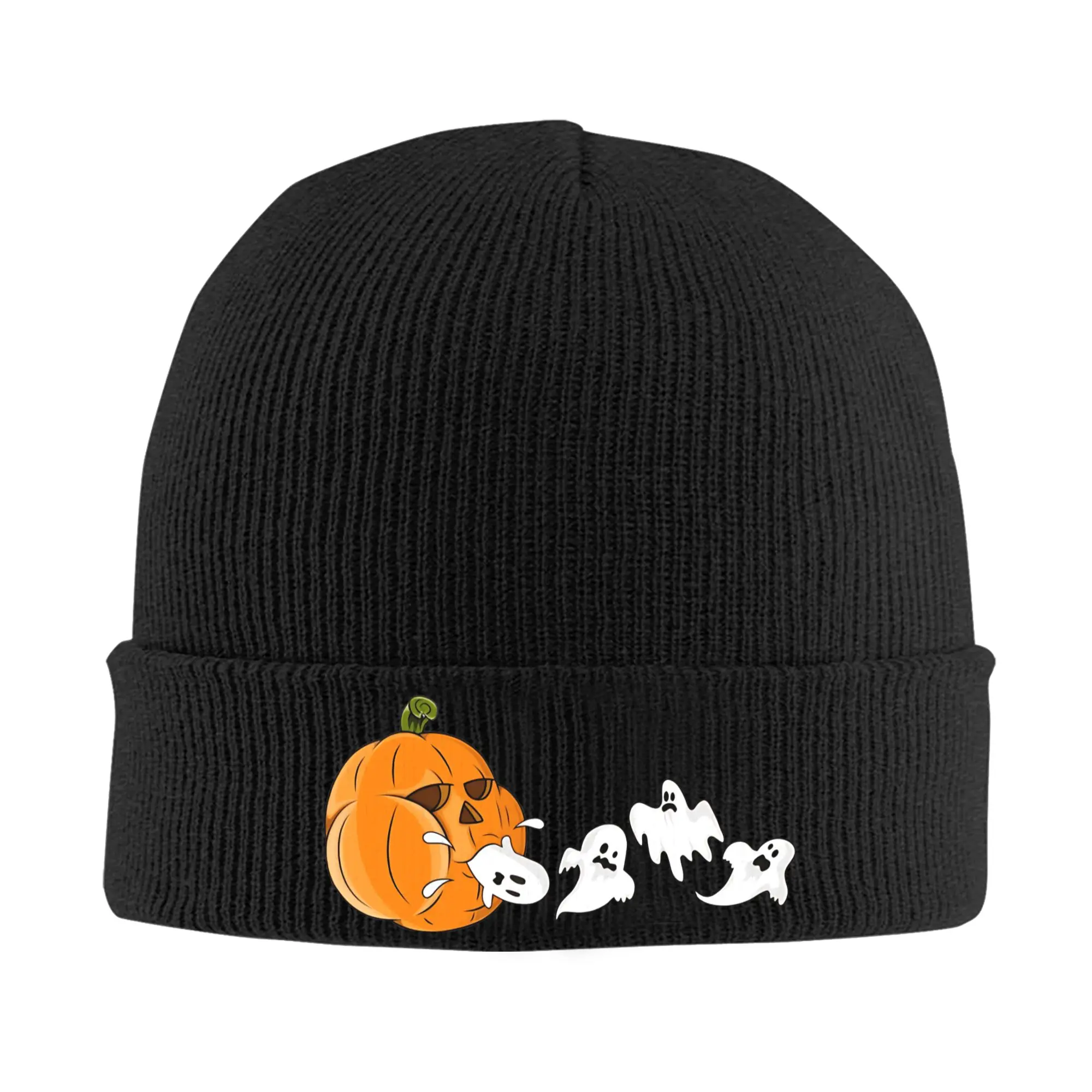 Pumpkin Eating Ghosts Funny Halloween Classic Knitted Hat  Beanie Hats Outdoor Sport Head Wrap Unisex Adult Bonnet Hats