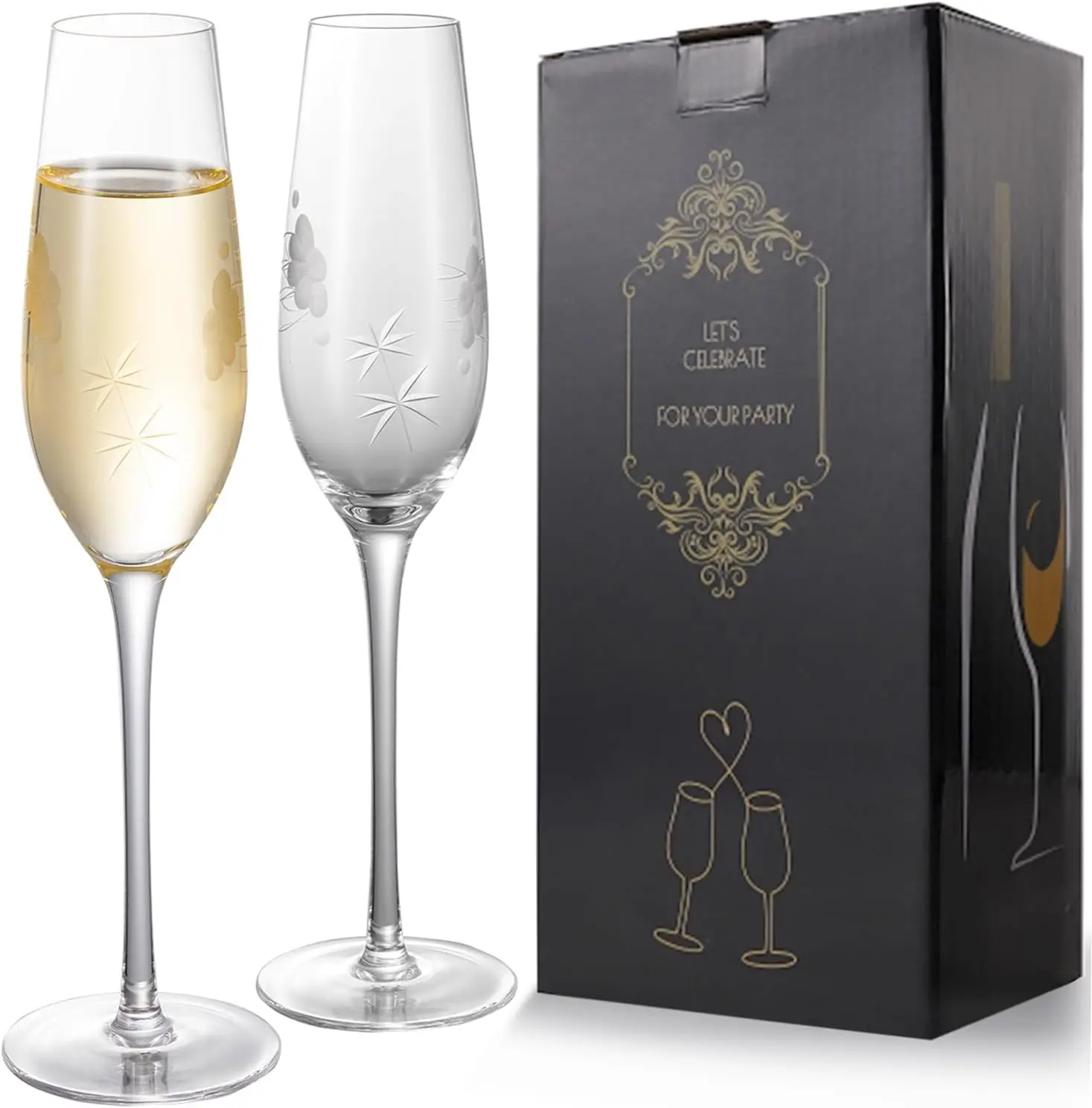 

Champagne Flutes, Engraved Wedding Toasting Set of 2 with Clouds & Stars Design