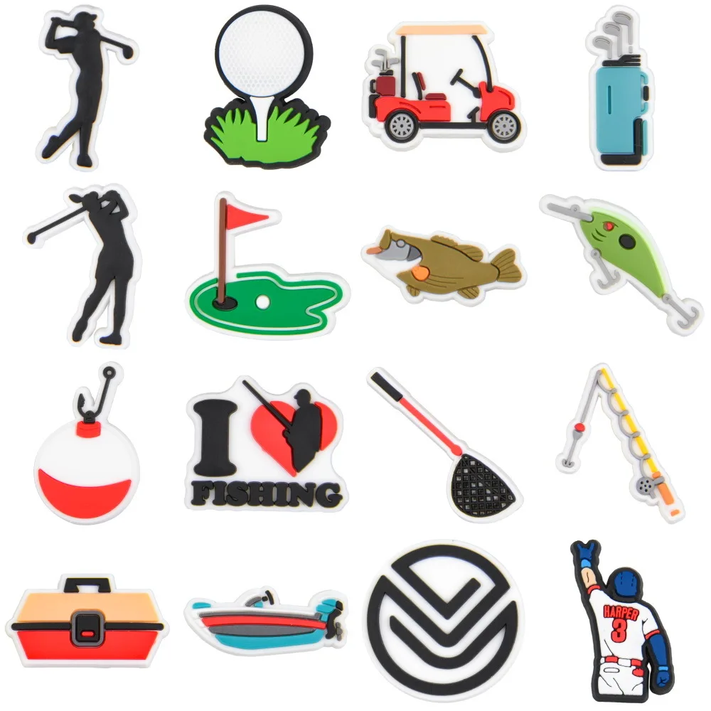 Cute Sports Shoe Charms PVC Camping Fishing Golf  Shoes Decoration For Clogs Shoe Aceessories For Adults Sandals Decor Gifts