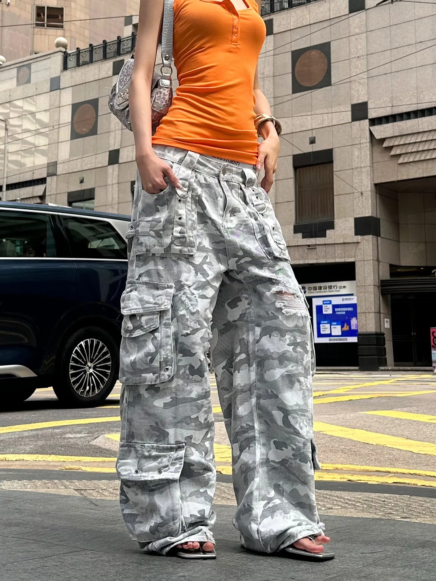

Retro Camouflage European and American Style Loose Straight Tooling Casual Wide-leg Women's High Street Fashion Jeans