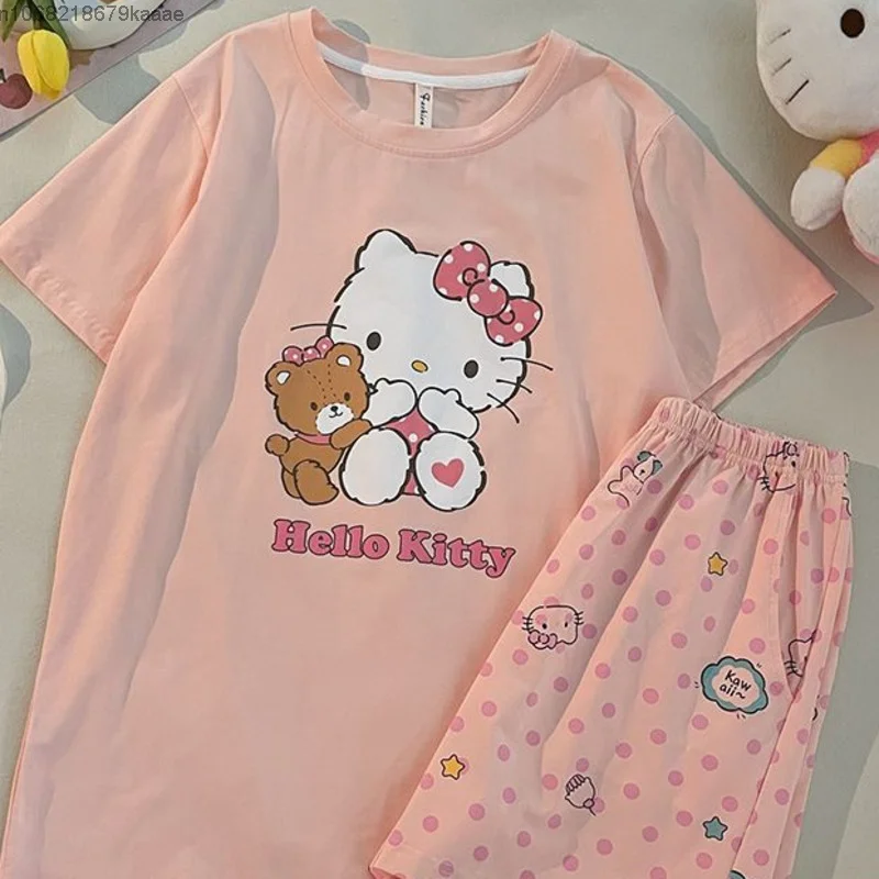 Sanrio Hello Kitty Cotton Home Clothes Cute Women Short Sleeve T-shirts Loose Shorts Summer Pajamas 2 Piece Set Y2k Sleepwear