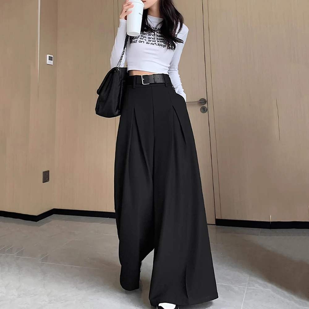 Pleated High Waist Straight Pants Ladies Fashion Wide Leg Pants Gray Suit Pants Women\'s Autumn Winter Casual Office Trousersual