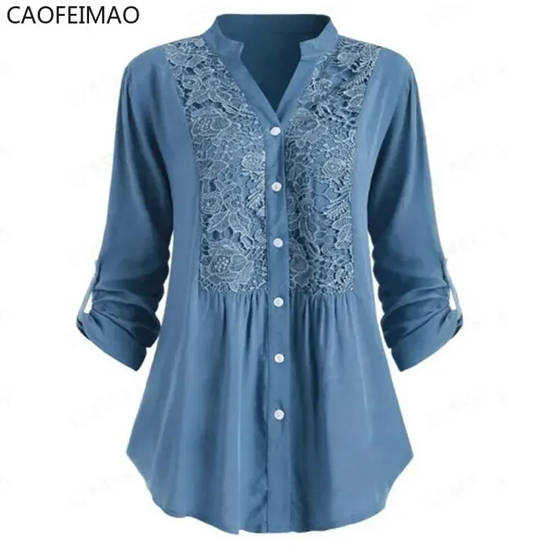 

Caofeimao Lace Splicing Button Women Solid Color Spring Autumn Casual Stand Collar Long Sleeve Shirt Female Loose Blusa Feminina