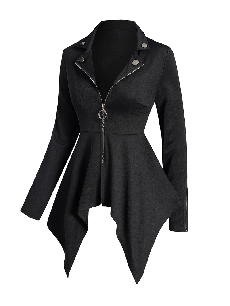 2024 Women Gothic Coat Tops O Ring Zip Up Asymmetrical Hem Punk Coat Solid Color Mock Button Handkerchief Coat