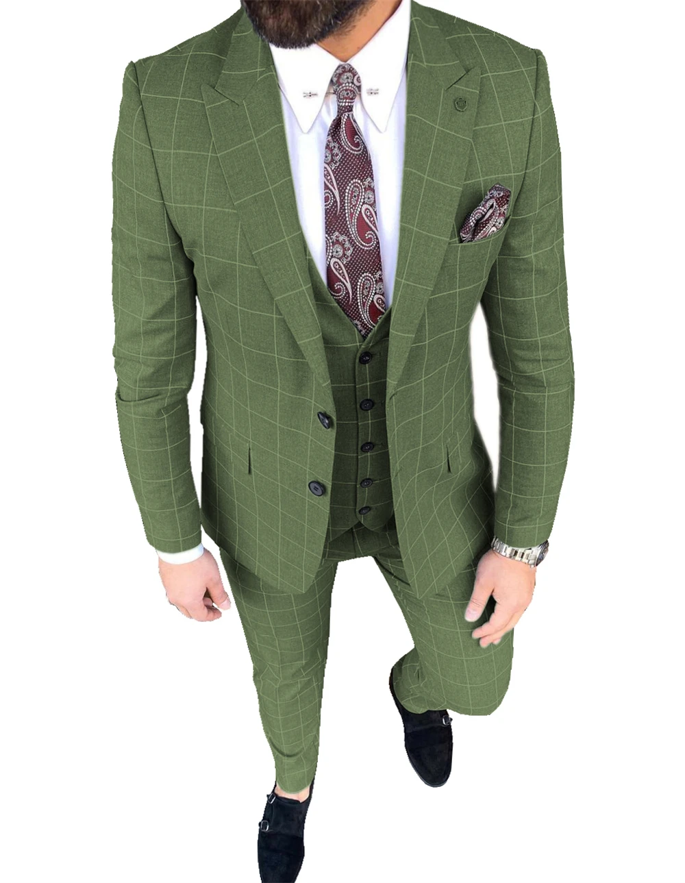 

Formal Men's Suits 3 Pieces Regular Fit Plaid Tweed Prom Army Green Tuxedos Solid Business Black Brown Suits for Wedding Grooms