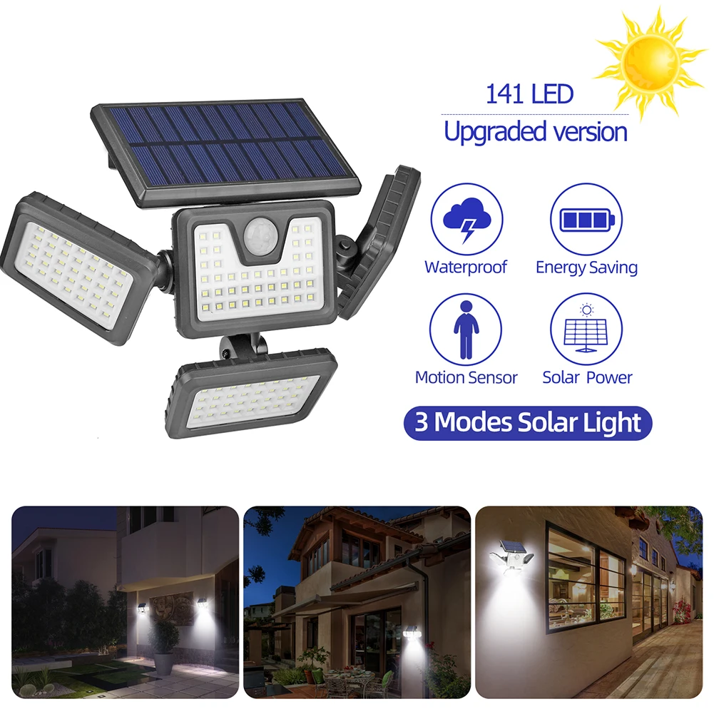 141 LED Solar Wall Light with 2400mAH 18650 Lithium Battery IP65 Waterproof Four-Sided Solar Yard Lights for Garden Porch Street