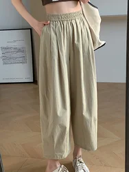 Wide Leg Pants Women Clothing Summer High Waist Elastic Casual Pockets Cotton Loose Ankle-length Pants Solid Pantalones De Mujer