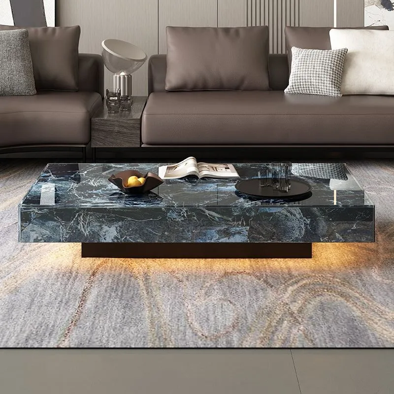 LED Lamp Tea Table Square Rectangular Rock Plate Craft Glass Tea Table Modern Luxury Living Room Table Home Decoration Furniture