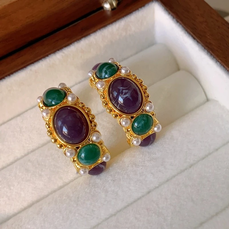 Colored Glass Earrings for Women Contrast Color C Shape Fashion Jewelry Vintage Palace Style Elegant Aretes De Mujer Pearl Hoop