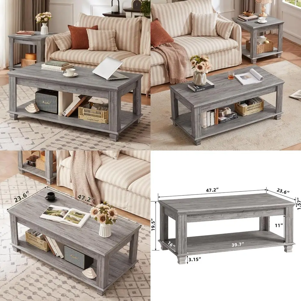 

Farmhouse Coffee Tables for Living Room,Square Tea Table with Open Storage Shelf,Large Coffee Table,Rustic Wooden Center Table,G