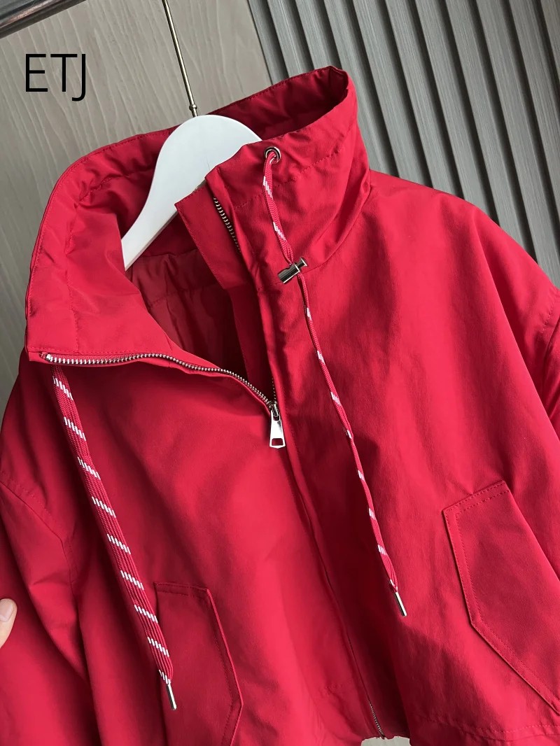 ETJ 2026 Damen Polyester Gefütterte Jacke mit Stehkragen, Kordelzug an der Taille, Oversize Pufferjacke, Kurze Windjacke – Detail 5
