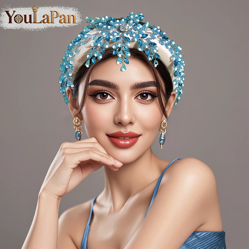 YouLaPan Luxury Lake Blue Rhinestone Bride Headband Handmade Beaded Baroque Style Velvet Head Hoop Wedding Party Headwear A290