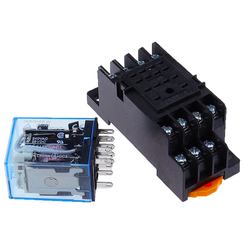 Mini relé de potencia de relé electromagnético pequeño MY4, cc 12V, 24V CC, CA 110V, CA 220V, bobina 4NO, 4NC, carril DIN 14 pines + Base, 1 Juego