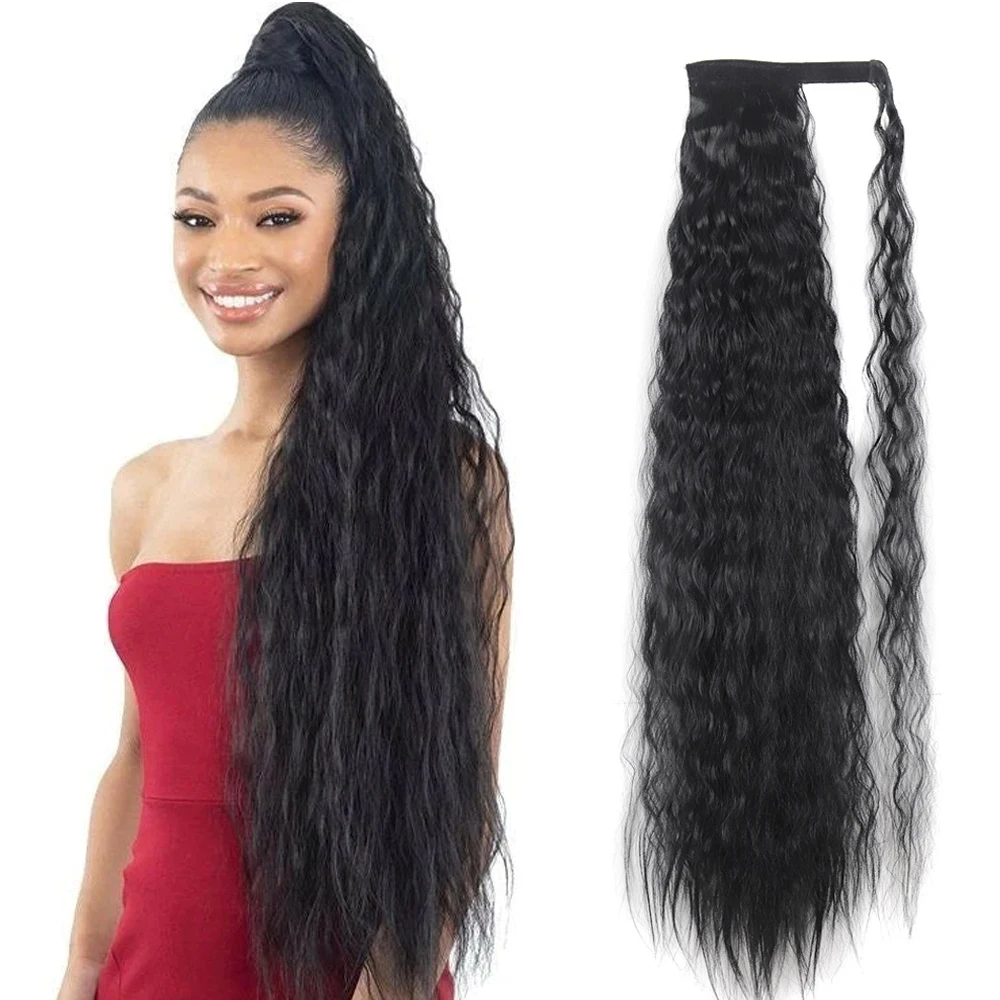 

Synthetic Wrap Around Wavy Ponytail Hair Extension For Black Woman Girls 34inch Long Curly Clip in Pony Tail Fake Hair