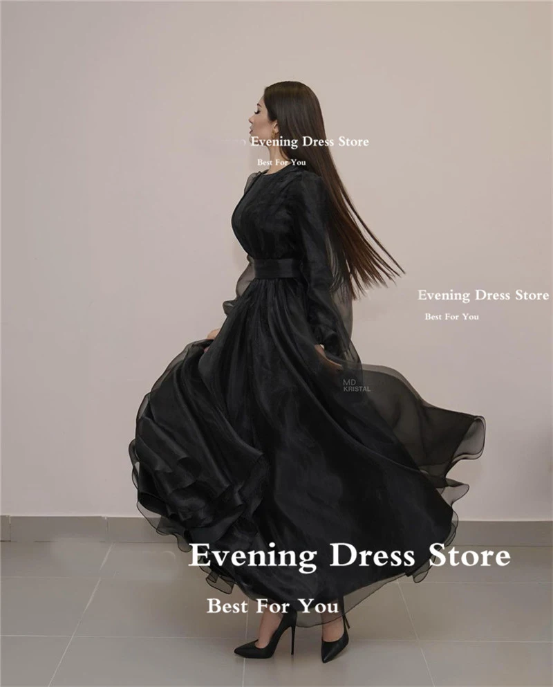 OLOEY Modest Simple Organza Evening Dresses Long Sleeves Jewel Neck Ankle Length Arabic Women Formal Party Prom Gowns 2023