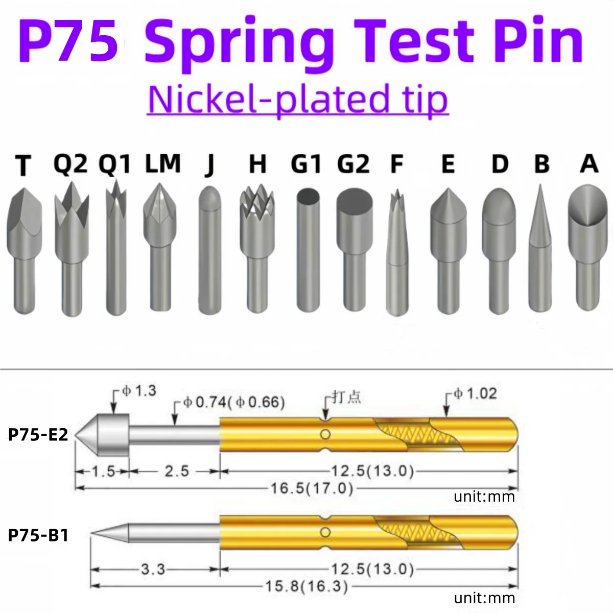 P75 Series Nickel Plated Brass Spring Test Probe Test Pin Pogo Pin Electric Detection Needle ICT FCT PCB Test Tool P75-B P75-B1