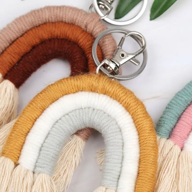 Trendy Boho Handmade for Key Holder Keyring Macrame Weaving Rainbow Pendant Keychain Jewelry for Purse Cellphone Backpac