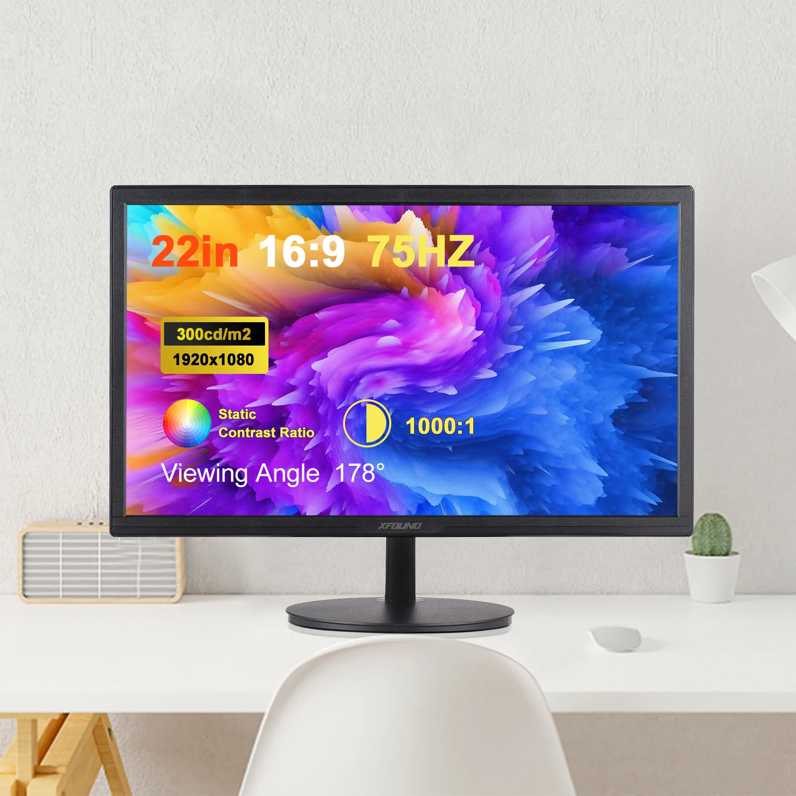 Ultra Thin LED Monitor 22in High Clear 16:9 300cd/m2 Compatible with HDMI Eye Care Desktop Monitor w/ 1920x1080 Resolution 75HZ