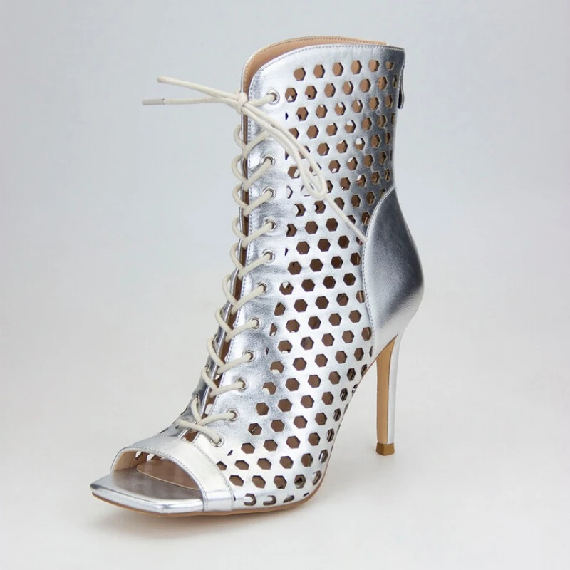

Golden Silver Hollow Cross Strap Cool Boots Women's 10cm High Heel Spring Autumn Sexy Short Boots Fashionable Summer Sandals