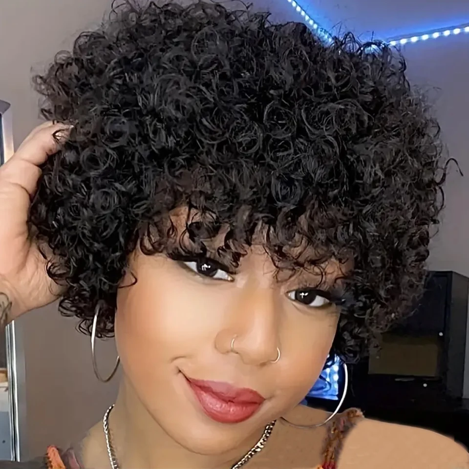 

Jerry Curly Short Bob Wigs With Bangs Pixie Cut Wigs Short Curly Human Hair Wig for Women Water Wave Wigs 180% Density