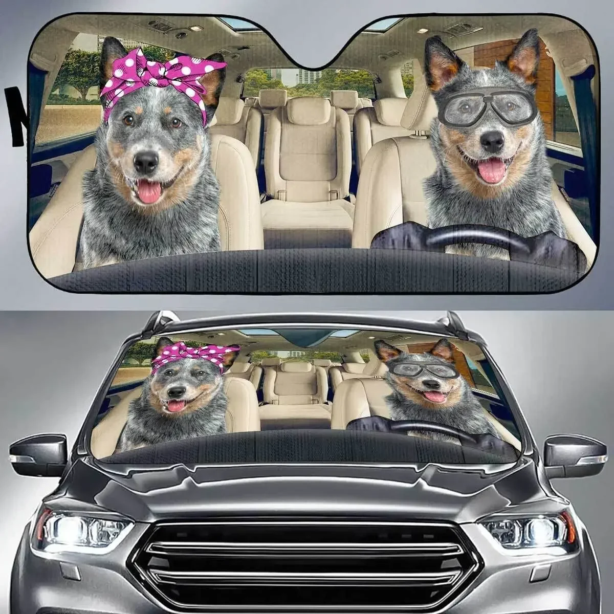 Funny Blue Heeler Dogs Couple Driving Left Hand Car Sunshade, Cute Blue Heeler Dogs Wearing Pink Headband and Glasses Auto Sun S