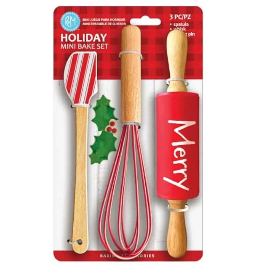 

Christmas Holiday Mini Bake Set. Includes mini-Spatula, Whisk and Rolling Pin. Great Christmas gift idea for teachers, and stoc
