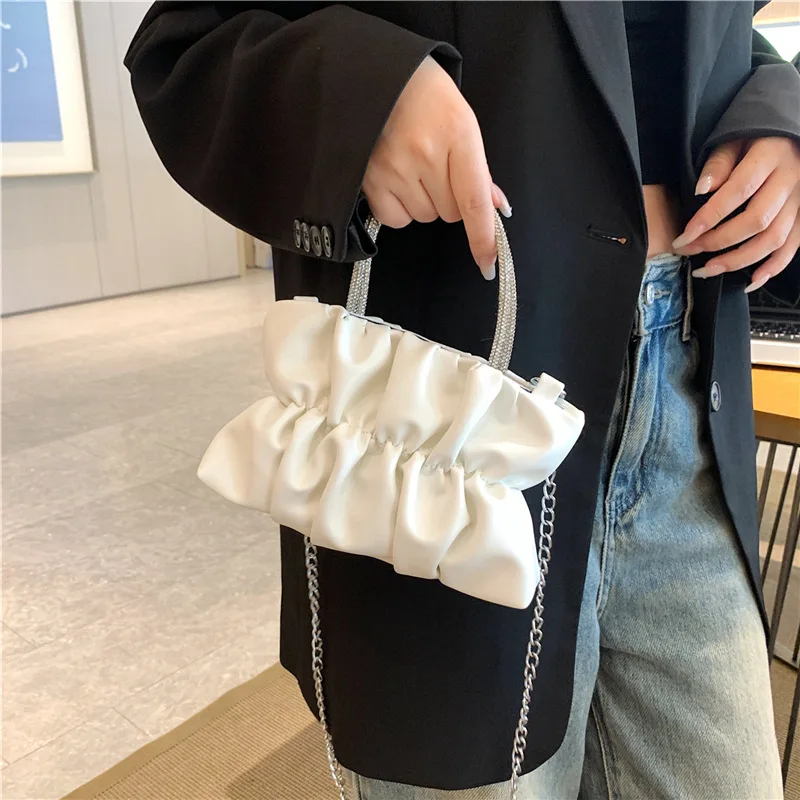 Fashion Pleated Handlebags for Women Leisure Armpit Bag PU Leather Women Designer Handbag Chain Shopping Shoulder Messenger Bag