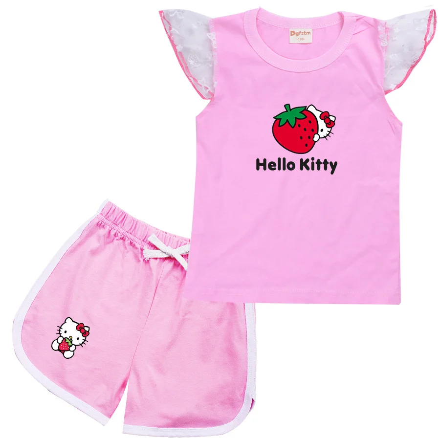 Fashion Summer Girls Baby Clothing Hello Kitty T shirt Set Short Sleeve Children Casual Cartoon Print Tops+Shorts Set