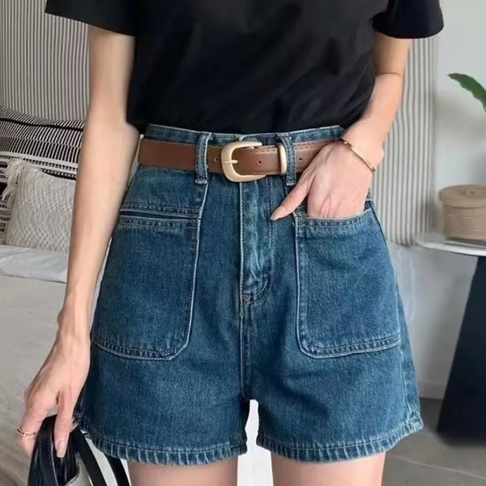 

Универсальные шикарные джинсовые шорты с двумя карманами, женские базовые мешковатые синие джинсы с высокой талией, широкие брюки Y2K Ins, джинсовые брюки, брюки для студентов