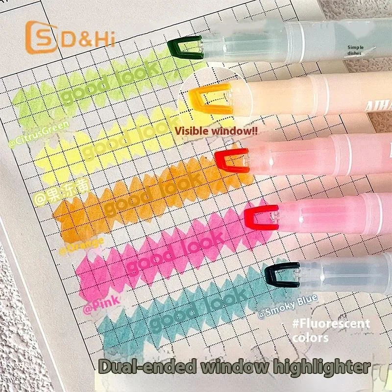 5Colors/Set Double Headed Highlighter Pen Set Unique Window Tip Highlighter Pen Highlighters Marker School Stationery Supplies