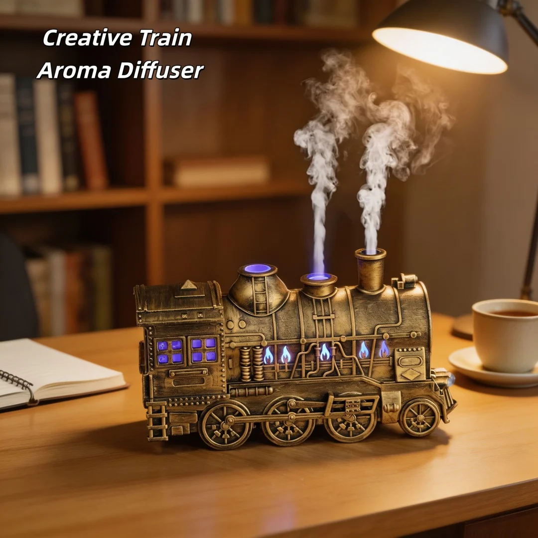 Vintage Train Aroma Diffuser 300ml USB Essential Oil Humidifier Remote Control Double Nozzle Mist Maker Home Decor Night Light
