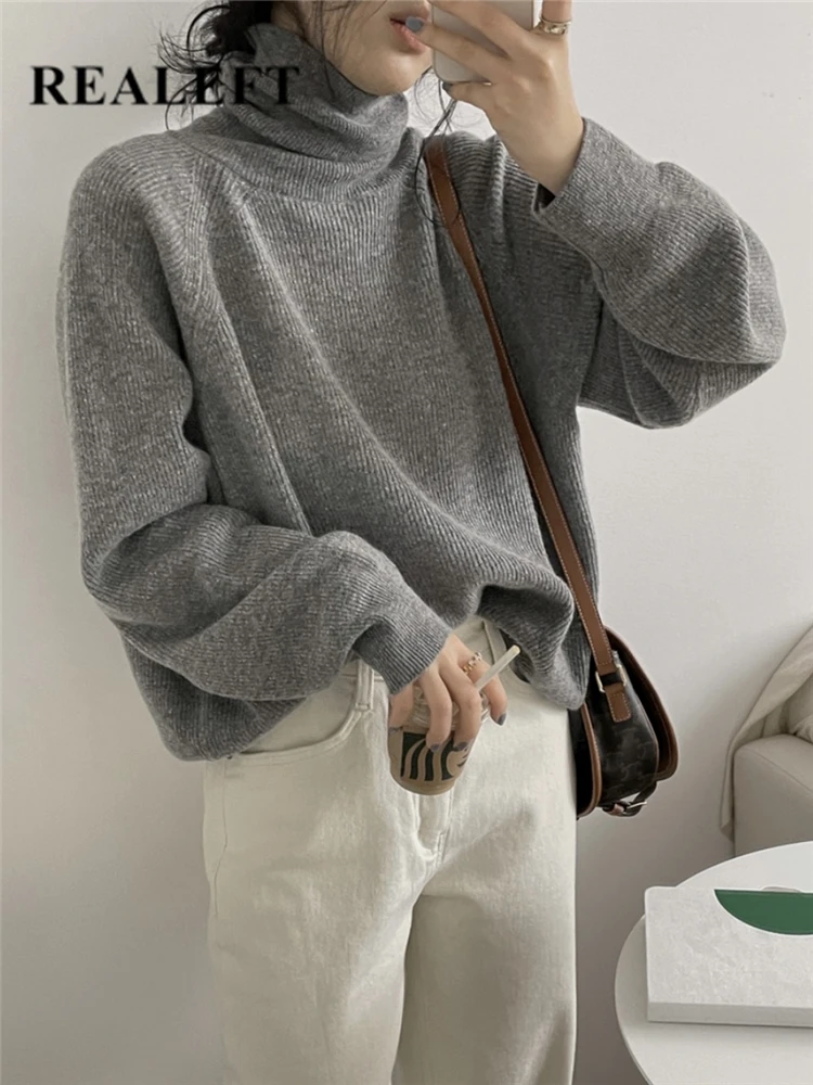 REALEFT Autumn Winter Women's Turtleneck Sweater 2023 New Solid Casual Loose Long Sleeve Sweaters Knitted Pullover Female