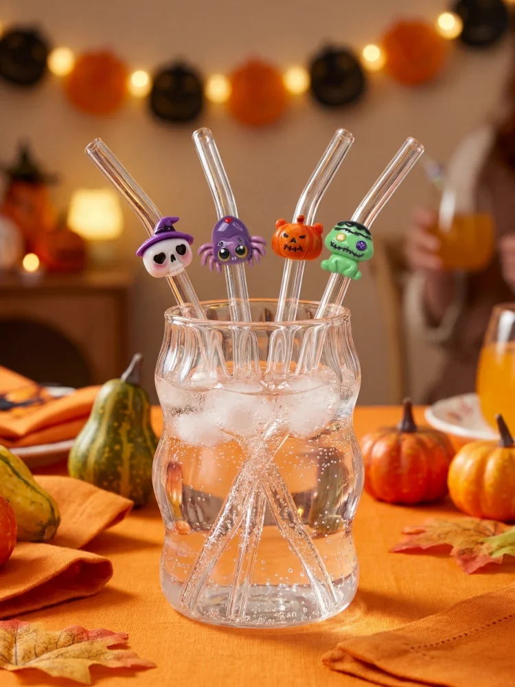 1/2/5PCS Spider Pumpkin Skull Curved Glass Straw for 20oz Tumblers, Spooky Halloween Decor & Holiday Presents