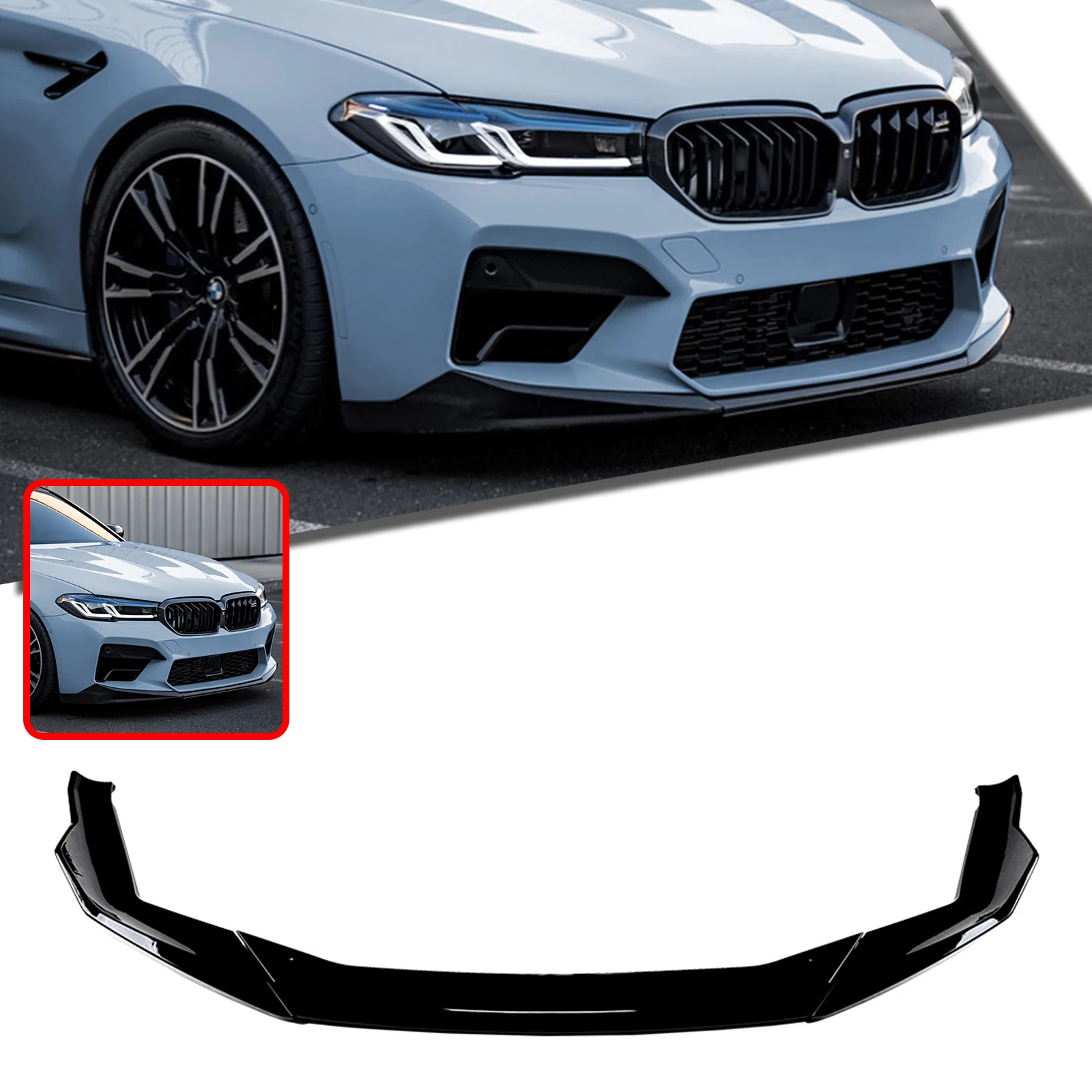 Front Bumper Spoiler Lip For BMW F90 M5 LCI 2021-2024 Sedan 4-Door M5 Competition Carbon Fiber Look/Gloss Black Protect Splitter