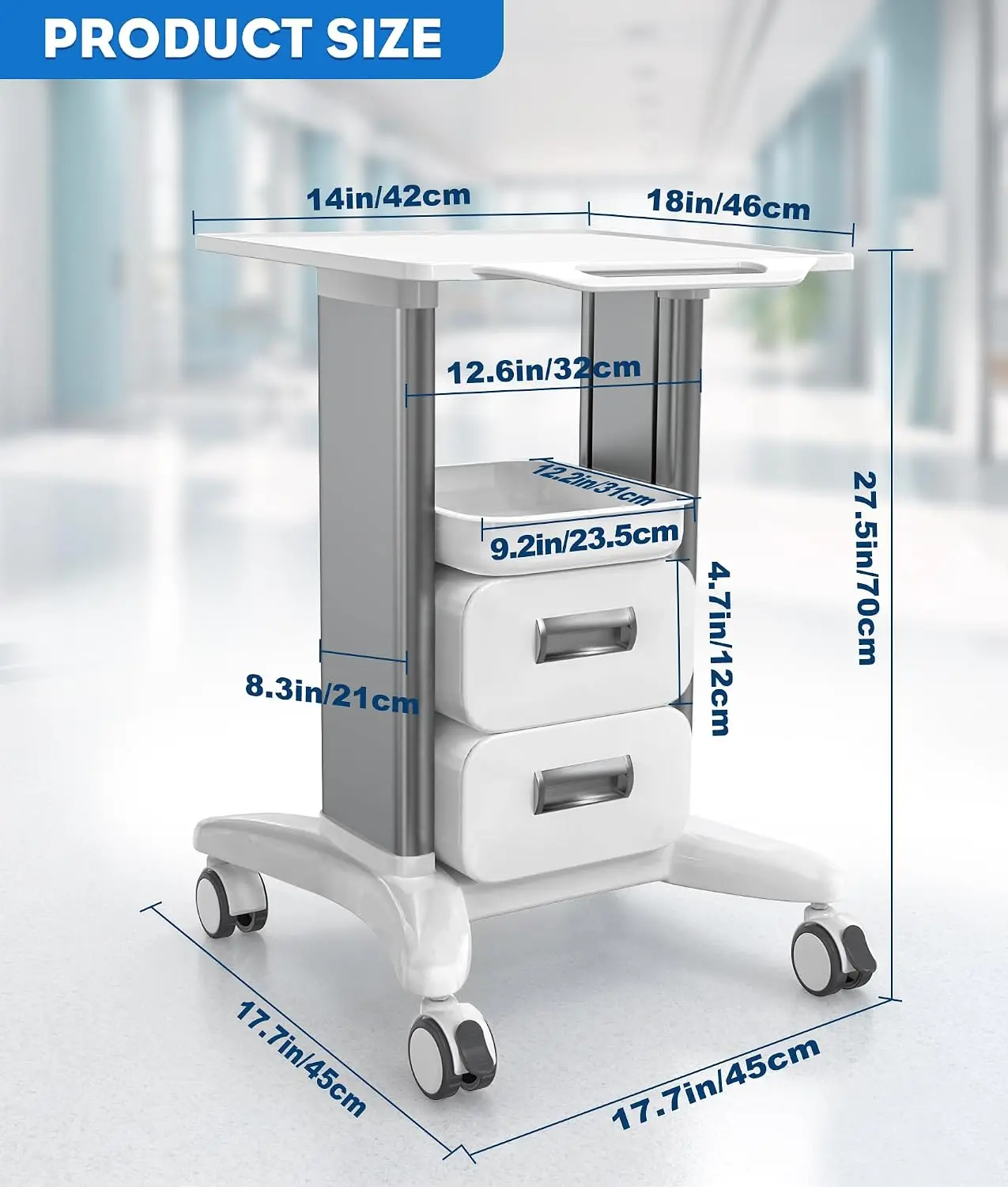 Medical Trolley Cart with Drawers & Trays, 220 LBS Load Hospital Mobile Ultrasound Cart with 4 Silent Swivel, Customized - view 2