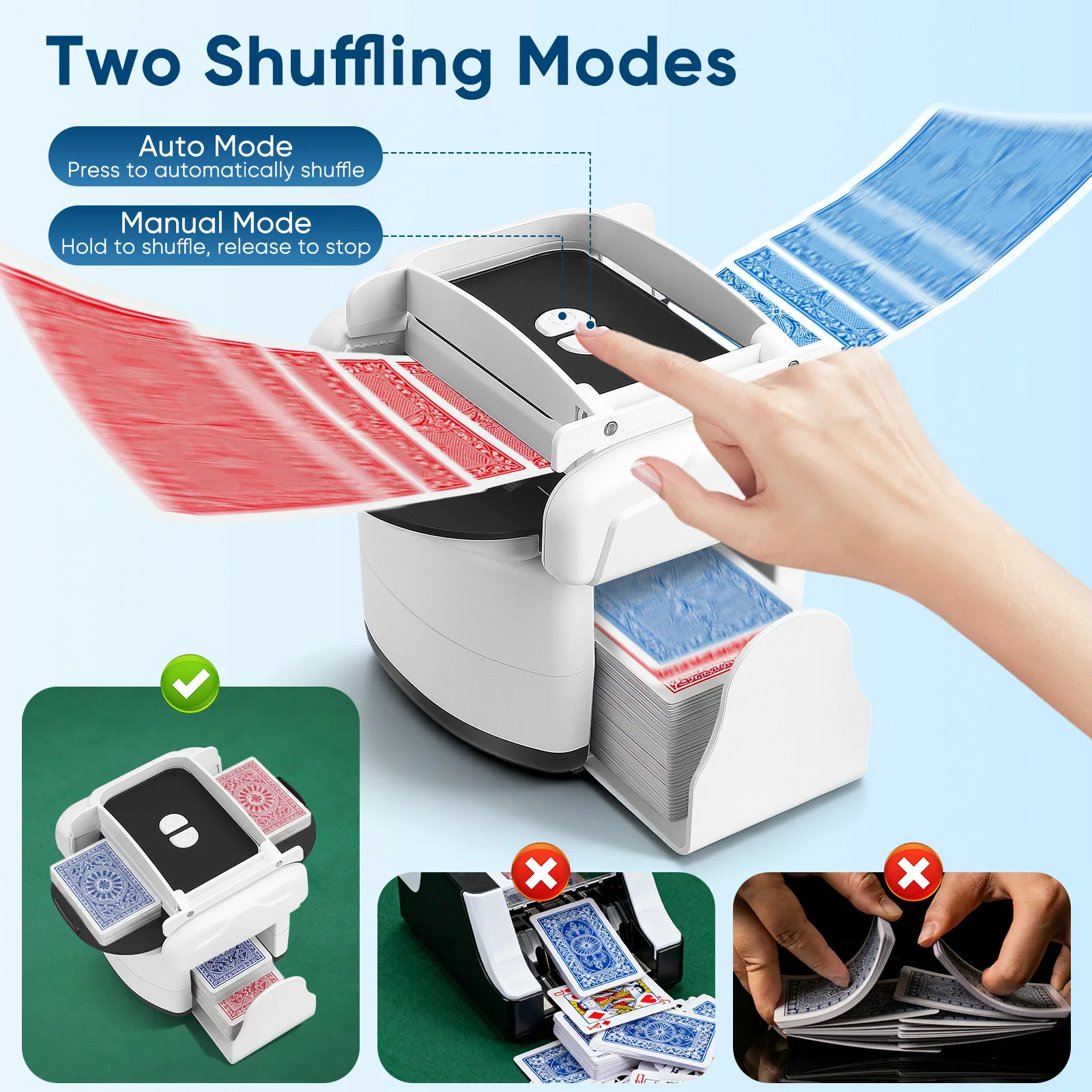 Automatischer Kartenmischer für 1–4 Decks, wiederaufladbar, 2 Mischmodi, kompatibel mit Poker-, Bridge-, UNO- und Phase 10-Karten