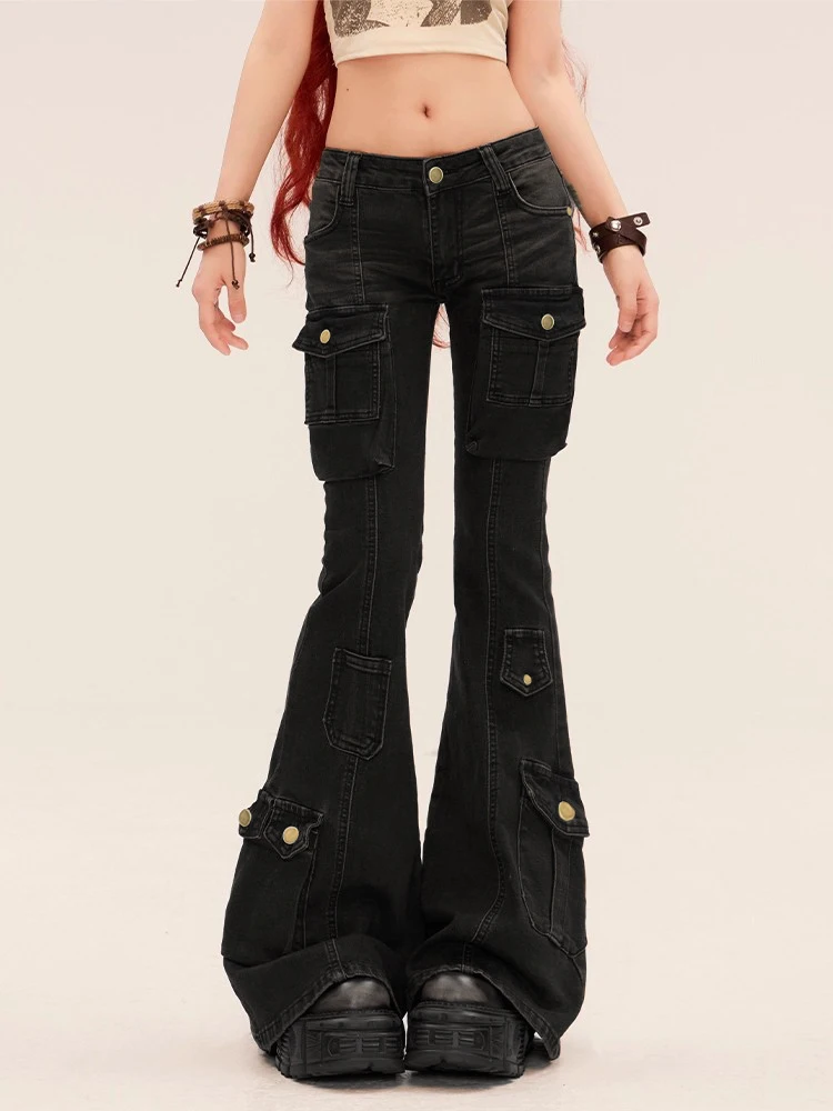 REDDACHiC Women's Low Rise Flare Black Jeans Vintage Whiskers Pockets Tight Stretch Denim Cargo Pants Casual Alt Goth Streetwear