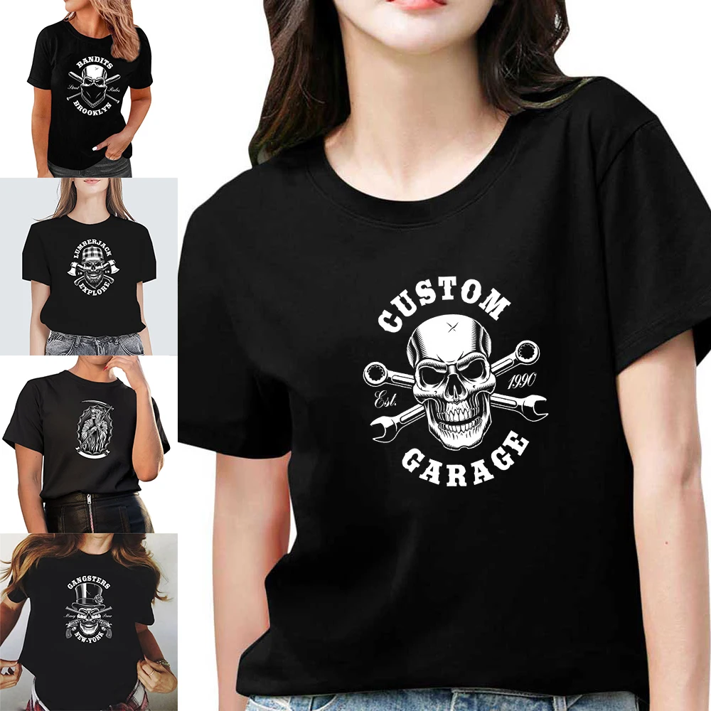 

Women T Shirt Casual O-neck Summer Short Sleeve Skull Printed Tshirts Loose Fashion Tops Tees Trend Clothing Streetwear Pullover