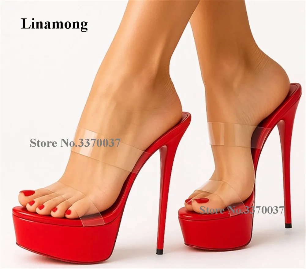 

Linamong Sexy Clear PVC Straps Stiletto Heel Slippers Open Toe Red Black Transparent Strappy High Platform Thin Heel Sandals