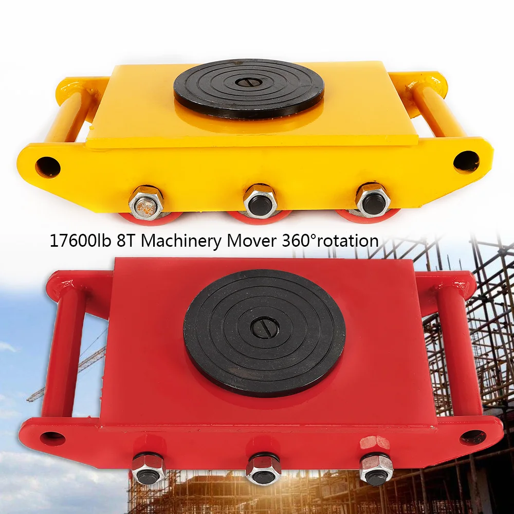 8-Ton Heavy Duty Machinery Mover 360° Rotation Cap Cargo Trolley Machine Transport Cart Lift 6 PU Rollers Dolly Skate Yellow/Red